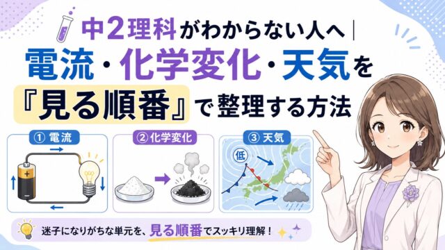 電流の回路、化学変化、天気図ともこあい先生を描いた、中2理科の見る順番を整理する記事のアイキャッチ画像