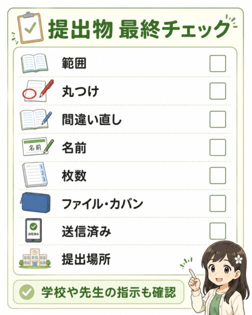 範囲、丸つけ、名前、提出準備などを確認する提出物の最終チェックリスト