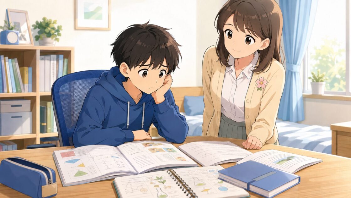 ワークやプリントが机に広がり、何から始めるか迷っている中学生