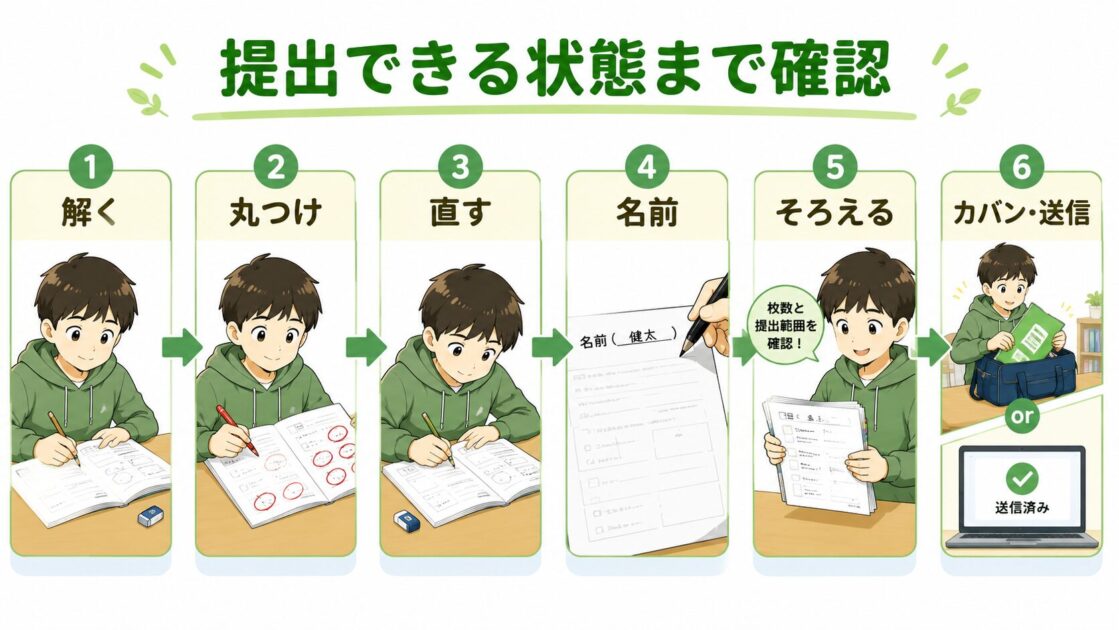 解く、丸つけ、直し、名前、枚数確認、カバンや送信までの提出準備