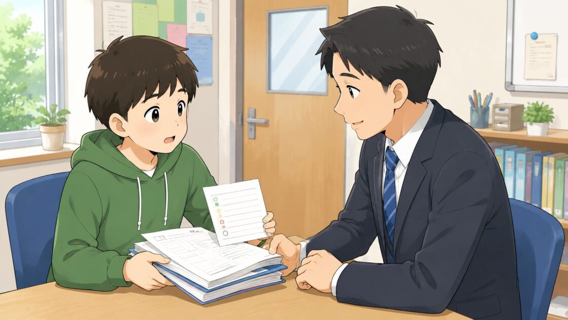 終わっていない提出物の現在地を先生へ伝えて相談する中学生
