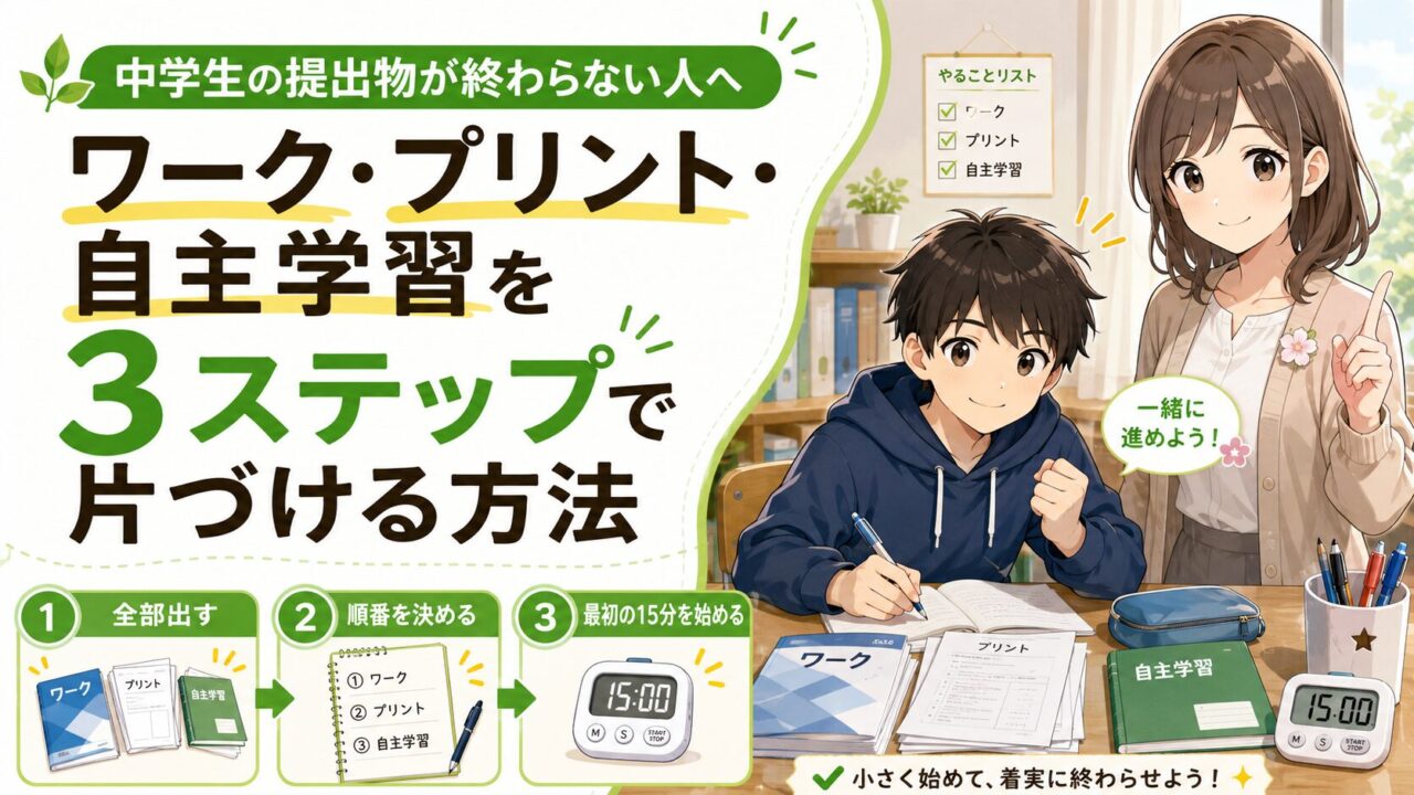 ワーク・プリント・自主学習を3ステップで片づける方法を紹介する中学生向け記事のアイキャッチ