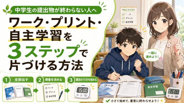 ワーク・プリント・自主学習を3ステップで片づける方法を紹介する中学生向け記事のアイキャッチ