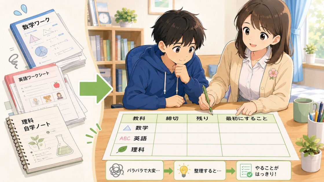 中学生が提出物を教科・締切・残り量・最初の行動に整理している図