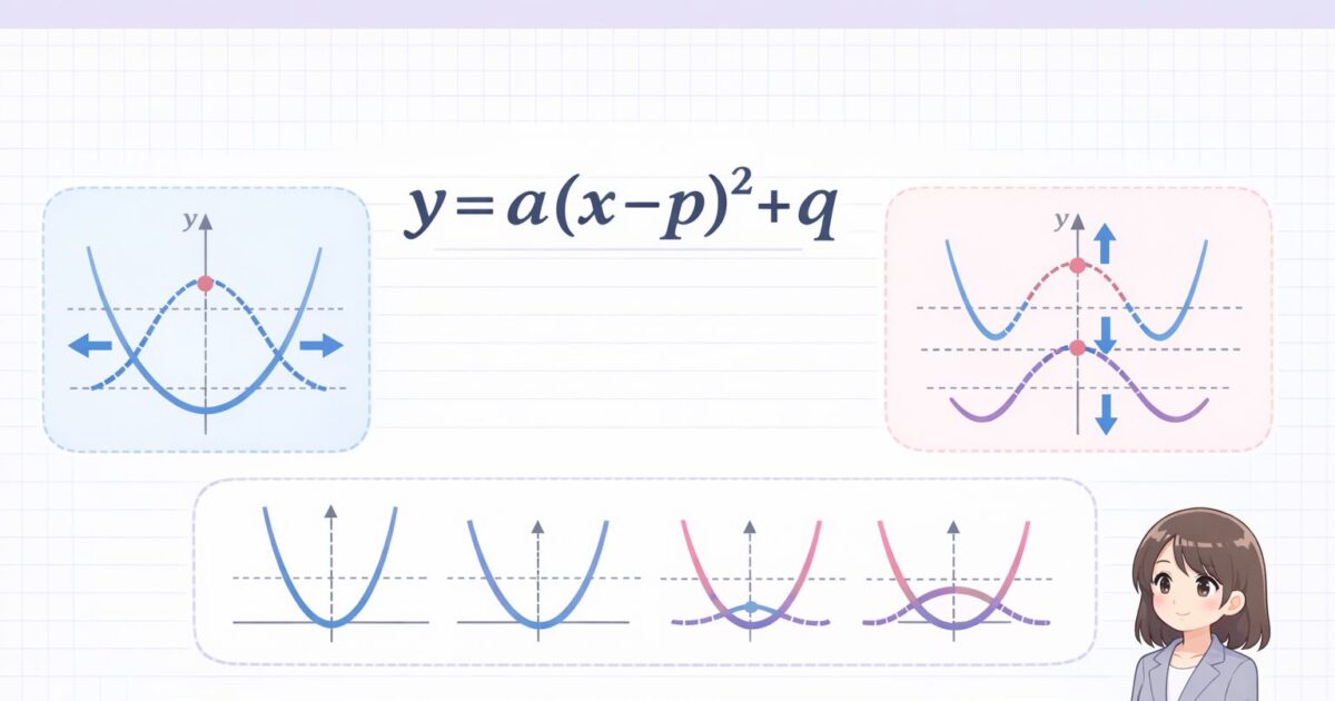 二次関数の頂点の形 y=a(x-p)^2+q で a が向きと広さ、p が左右、q が上下を動かすことを示した図
