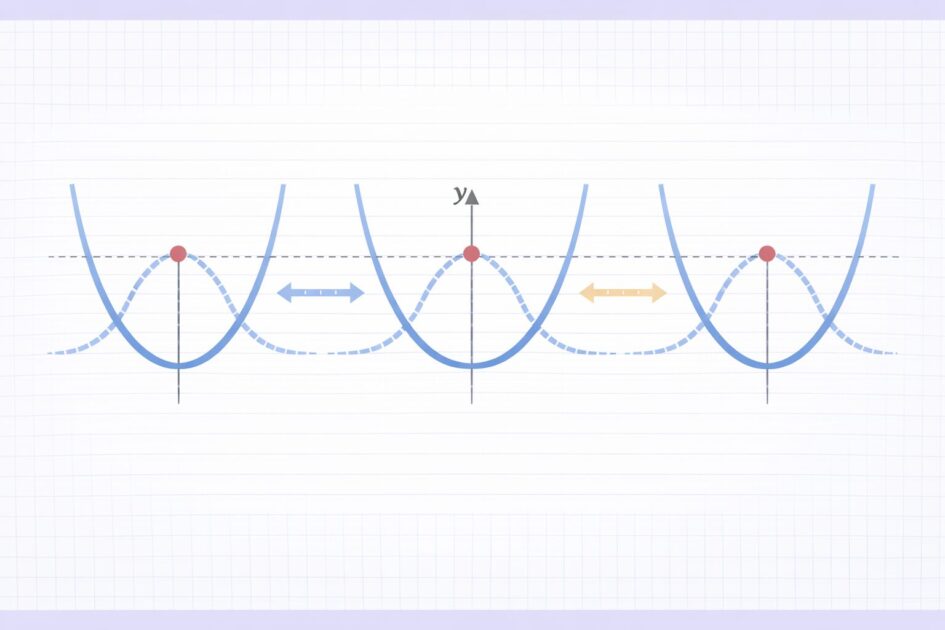 二次関数で p が変わると頂点が左右に動くことを、基準の放物線と比較して示した図