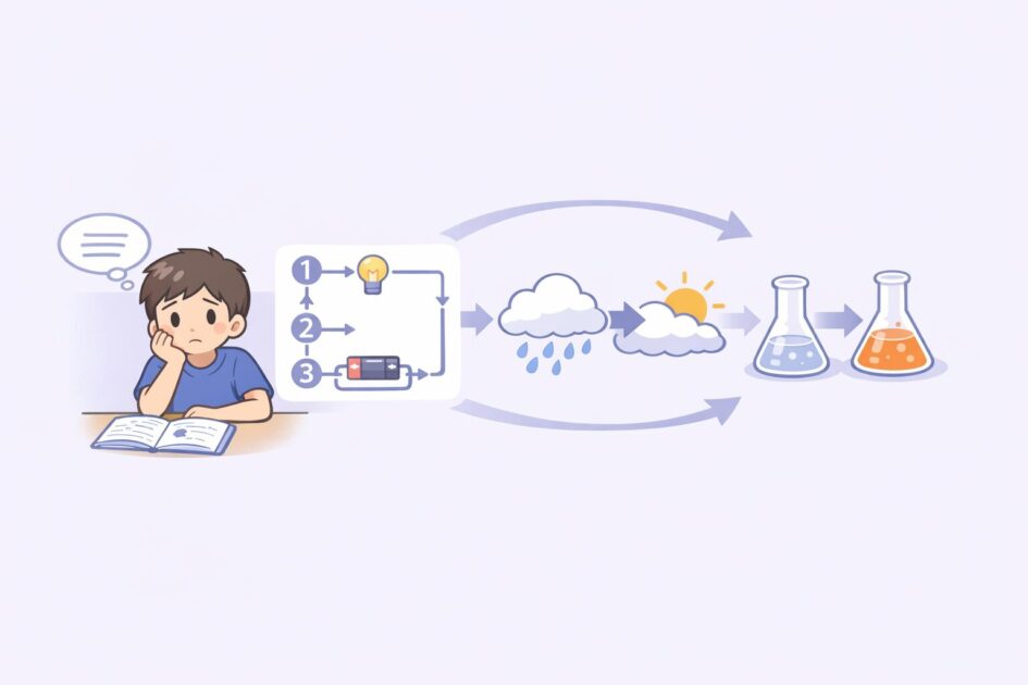 理科の流れや変化や前後関係を図で整理して理解しやすくする学び方を示した挿絵