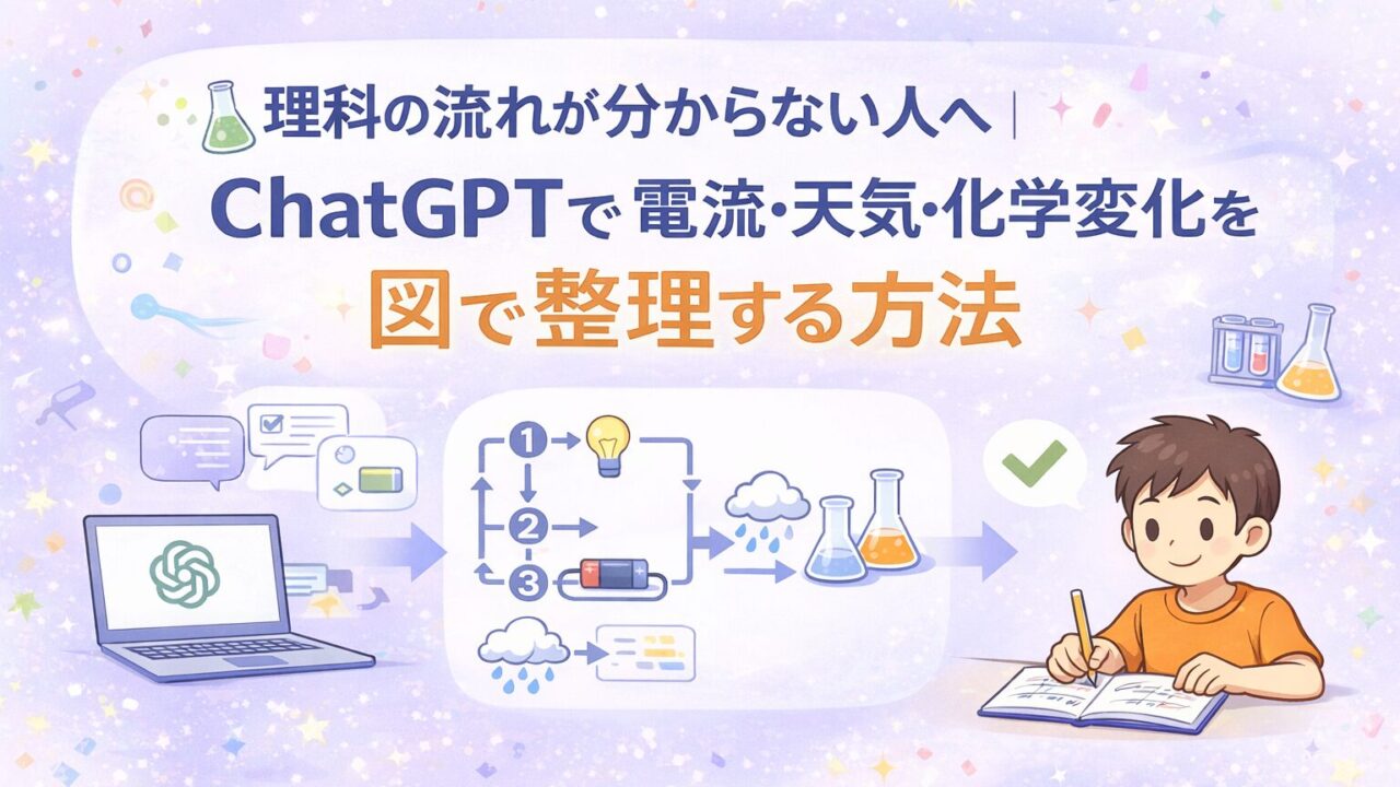 ChatGPTを使って理科の流れを図で整理しながら電流・天気・化学変化を理解する学び方を表したアイキャッチ画像
