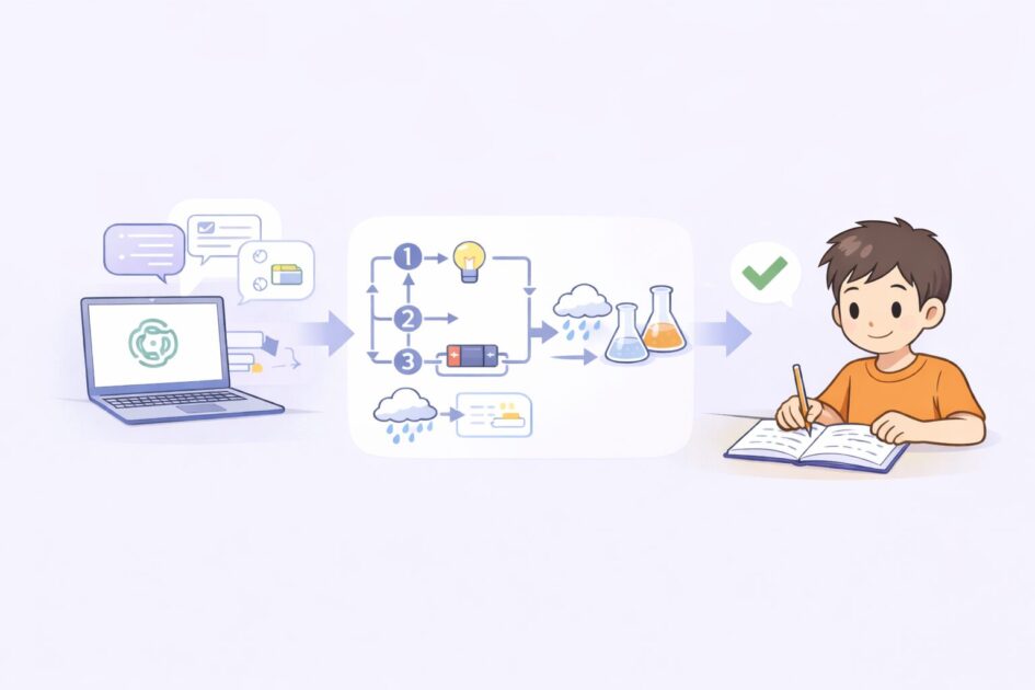 çç§ã§AIãè£å©ã«äœ¿ãæåŸã¯èªåã§çè§£ããŠããŒãã«æŽçããæµãã瀺ããæ¿çµµ