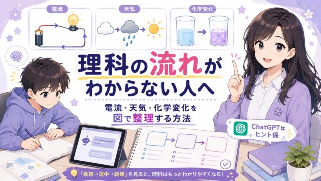中学生がAIとノートを使いながら電流・天気・化学変化を流れで整理しているアイキャッチ