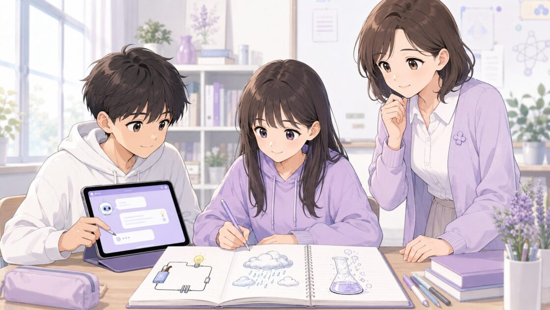 中学生がChatGPTとノートを使いながら電流・天気・化学変化の流れを整理している場面
