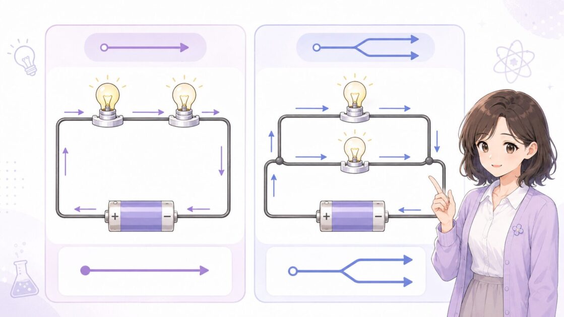 直列回路と並列回路で電流の通り道と分かれ道を比べる図