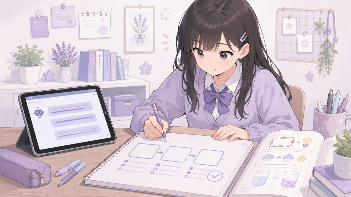 恵子が理科の流れを最初・途中・結果に分けてノートに整理している場面