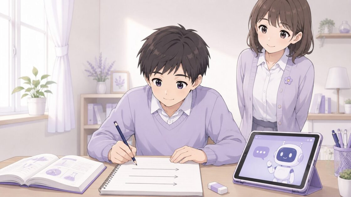 中学生が理科の単元を最初・途中・結果の3行でノートに整理している場面