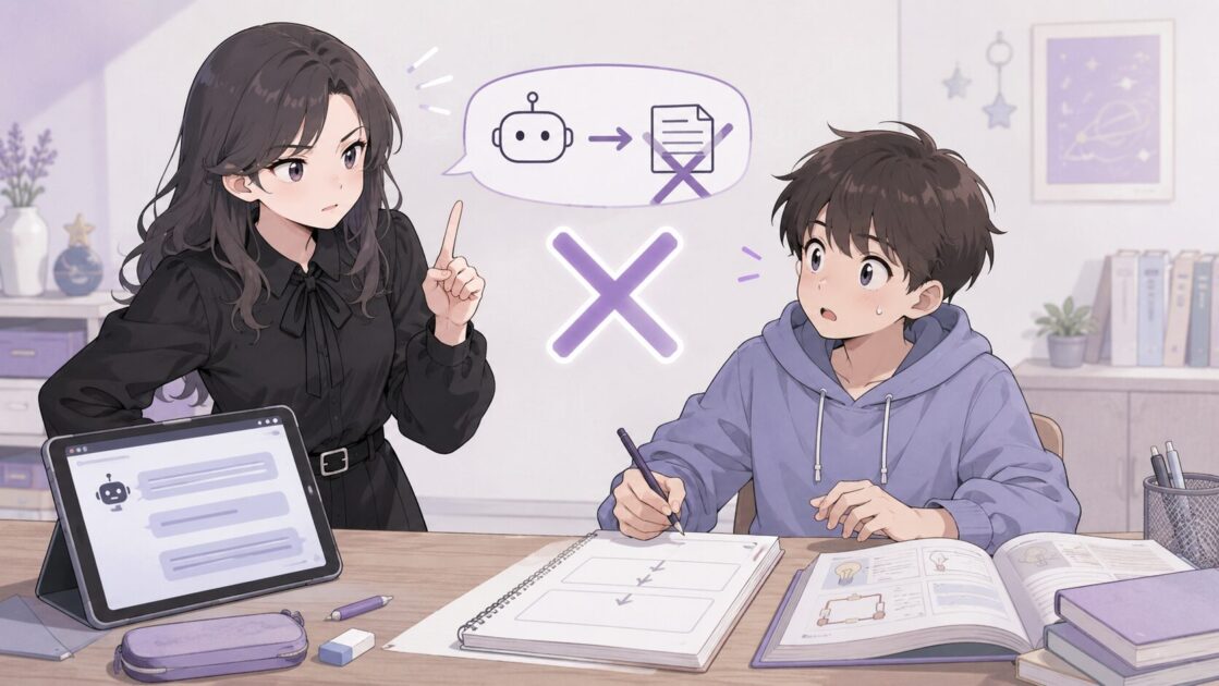 悪もこあい先生がAIの答えをそのまま写さないよう注意している場面