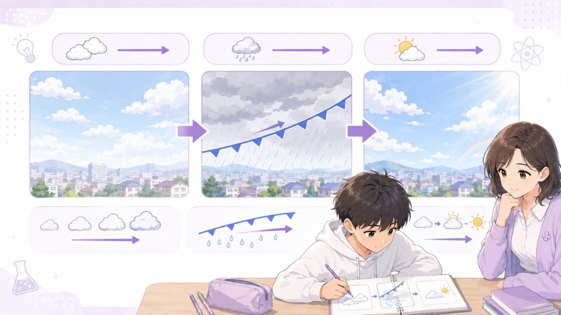 前線や気圧の動きから雲や雨の変化を順番で整理する図