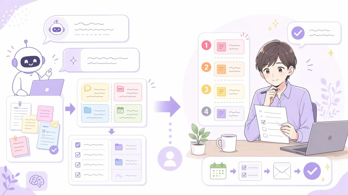 AIが仕事の整理を手伝い人が優先順位の最終判断をする役割分担を示した挿絵