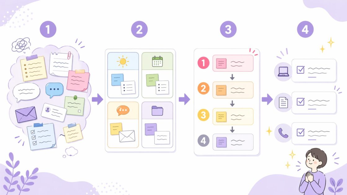 仕事のタスク整理を出す、分ける、優先順位を決める、次の一手に変える4ステップで示した図