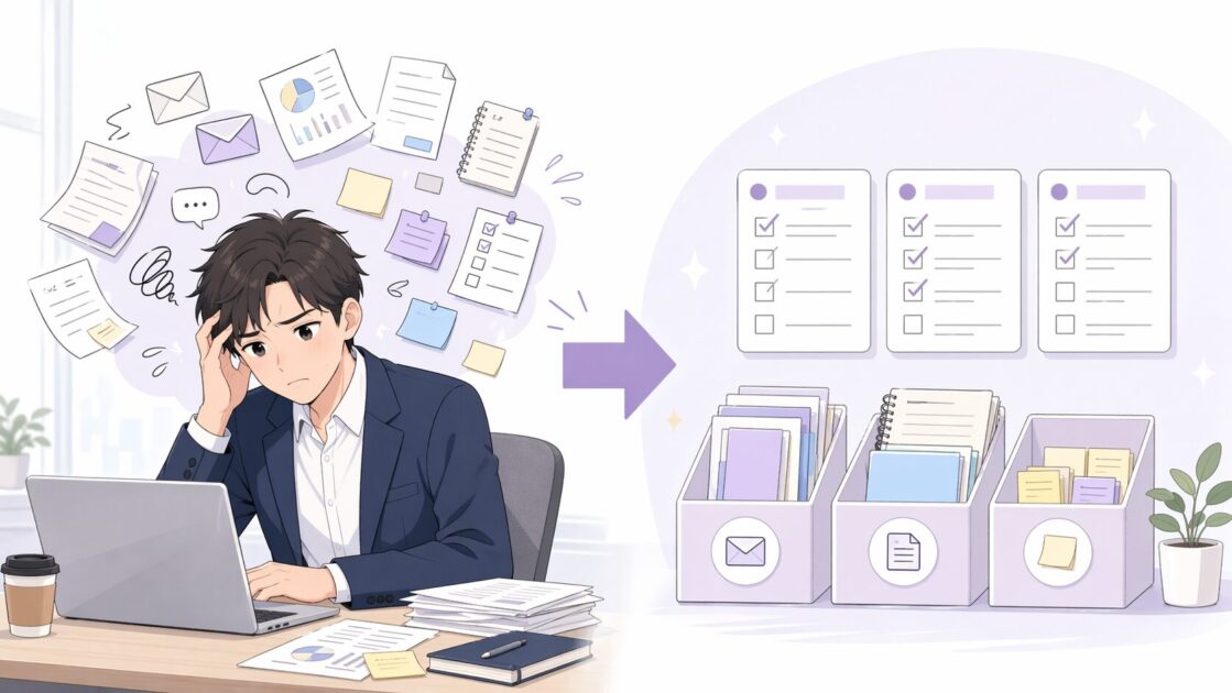 仕事のやることが頭の中で散らかっている状態から整理されて見通しが立っていく流れを示す挿絵