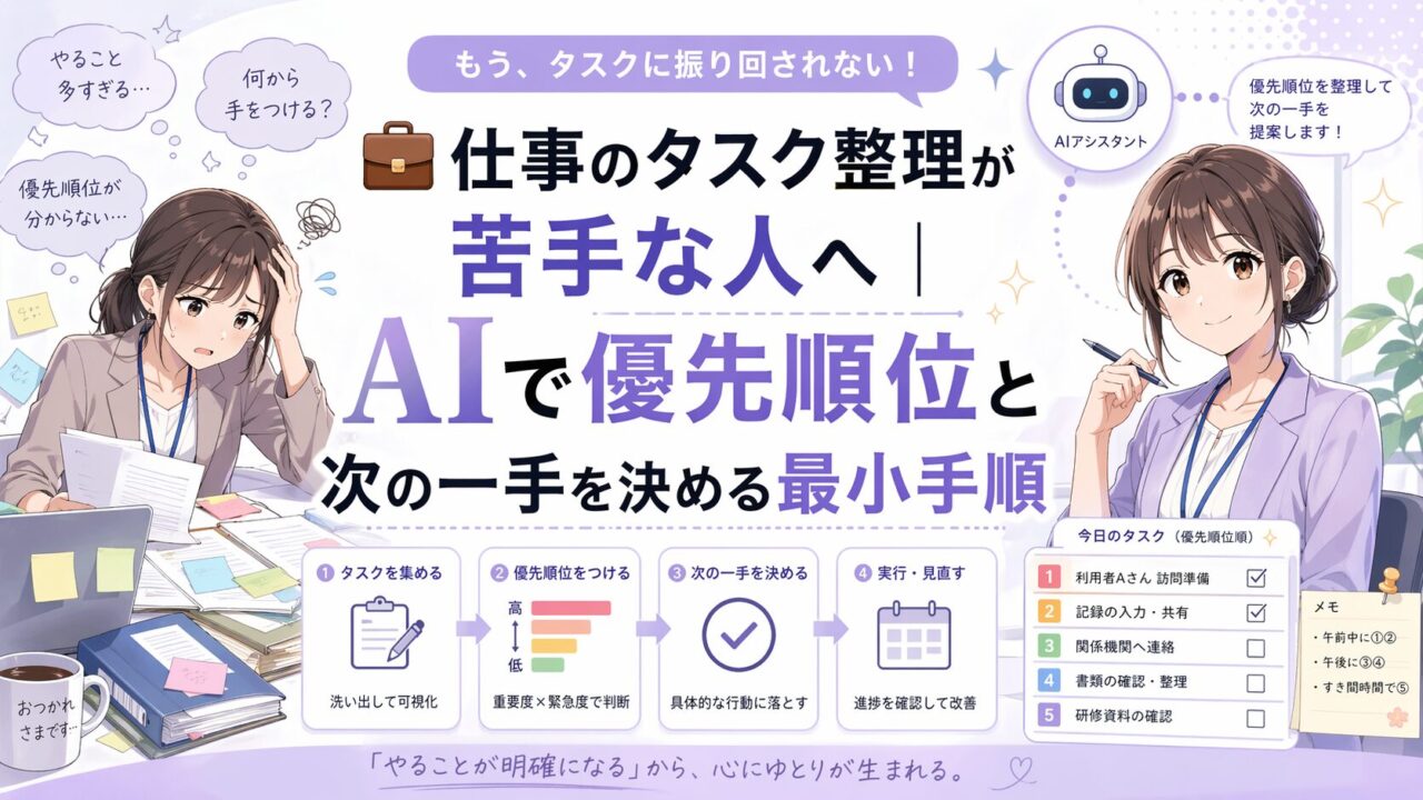 AIを使って仕事のタスク整理と優先順位づけを行い、次の一手を決める流れを示した社会人向けアイキャッチ