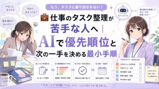 AIを使って仕事のタスク整理と優先順位づけを行い、次の一手を決める流れを示した社会人向けアイキャッチ