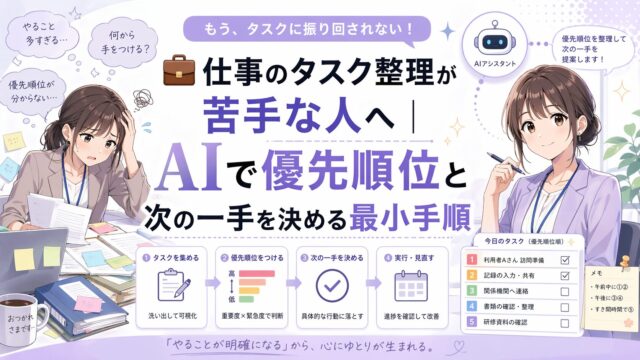 AIを使って仕事のタスク整理と優先順位づけを行い、次の一手を決める流れを示した社会人向けアイキャッチ