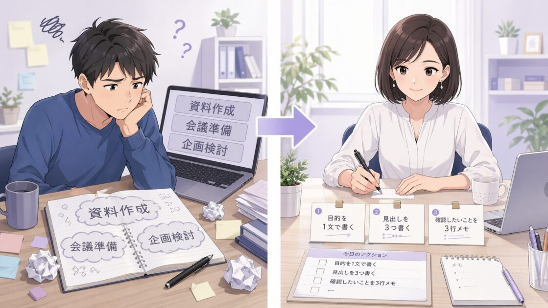 健太が仕事の大きなタスク名だけを書いて困っている状態と恵子が次の一手に直して整理している状態を対比した挿絵