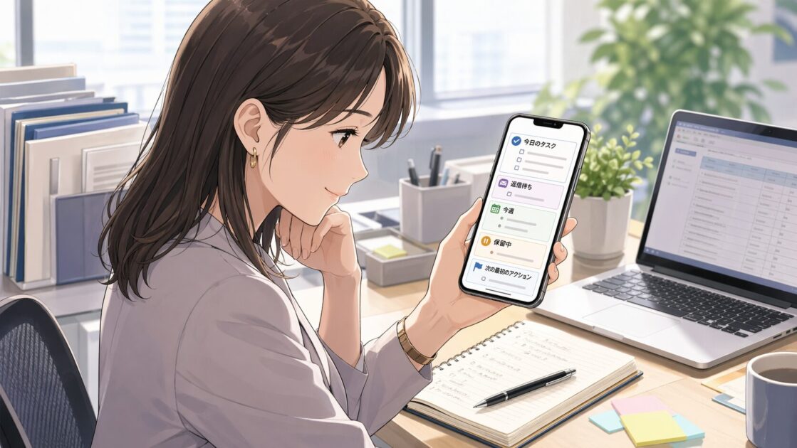 仕事のタスク整理ミニシートをスマートフォンで見返しながら次の一手を確認している場面の挿絵