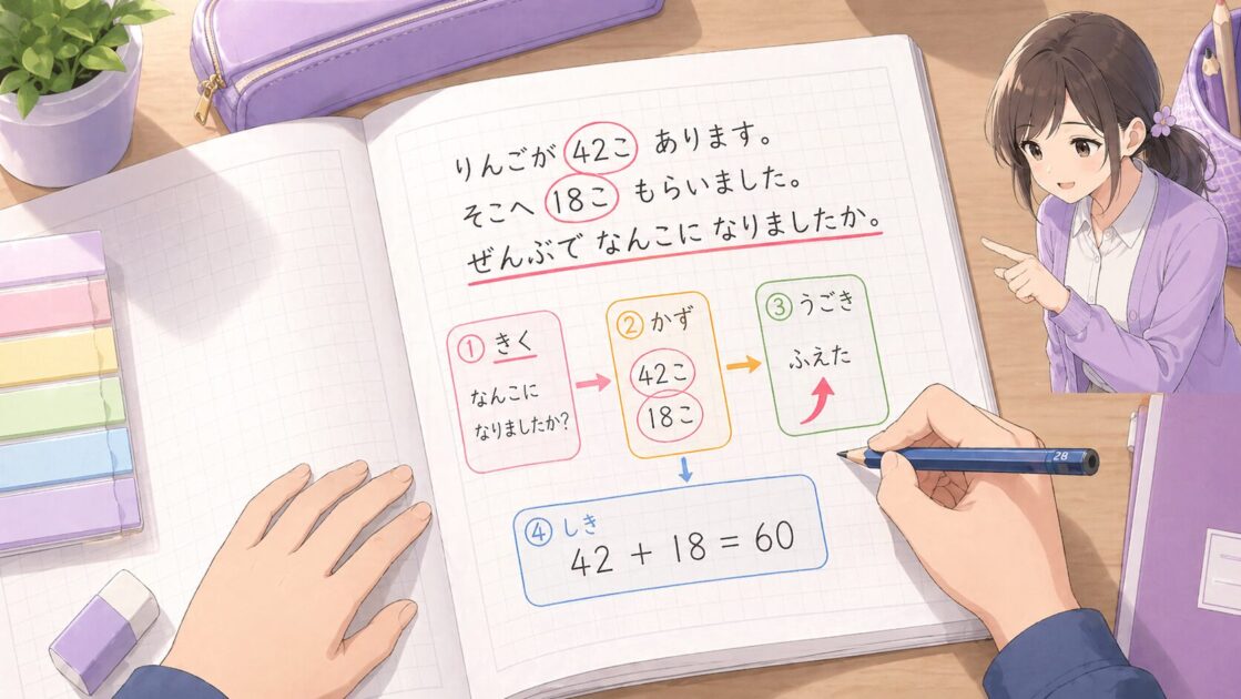 文章題のノートに、聞かれていることへ線、数字に丸、動きに印をつけて整理している図