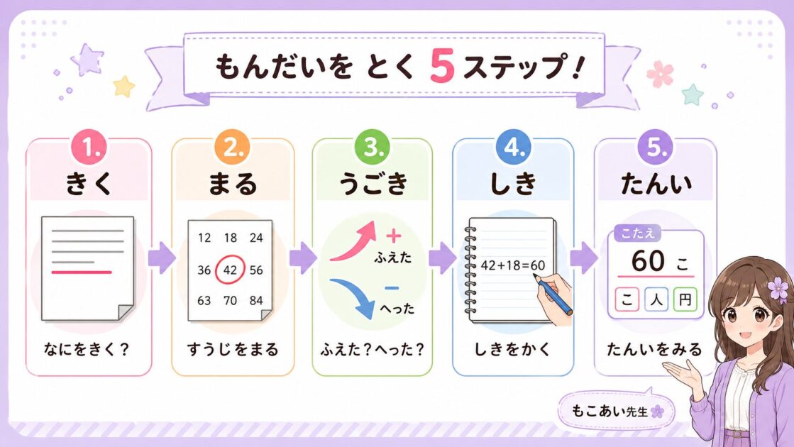文章題を解く流れとして、きく・まる・うごき・しき・たんいの5ステップを整理した図