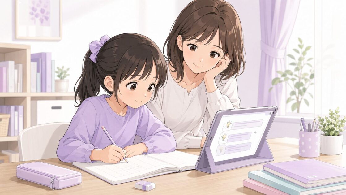 保護者と子どもが対話型AIを使って、文章題の答えではなくヒントを受け取っている場面