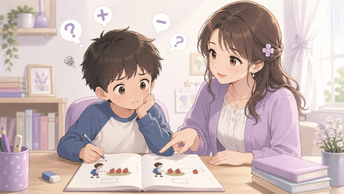 文章題の数字だけを見て考え込んでいる健太の場面