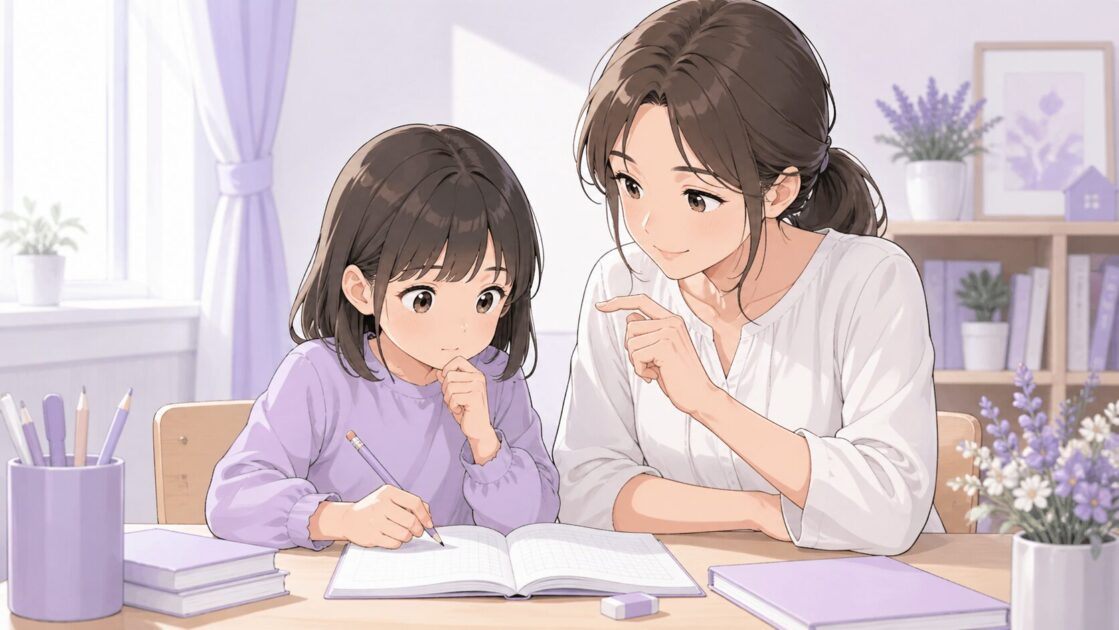 保護者が子どもに答えをすぐ教えず、何を聞かれているかを一緒に確認している場面