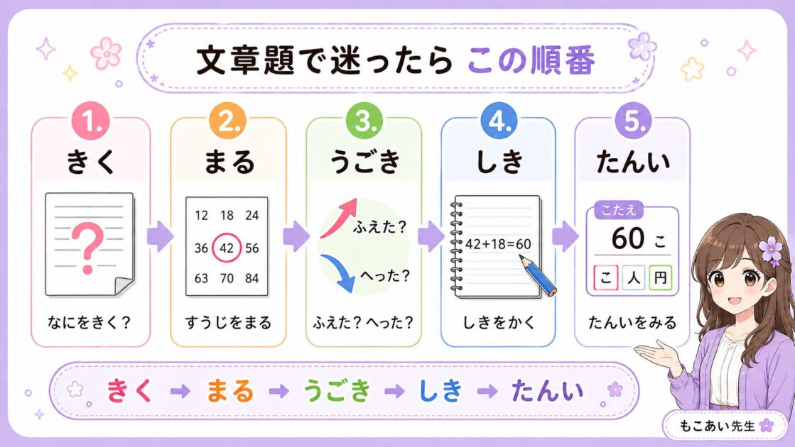文章題の解き方を、きく・まる・うごき・しき・たんいの順にまとめたスマホ保存用ミニシート