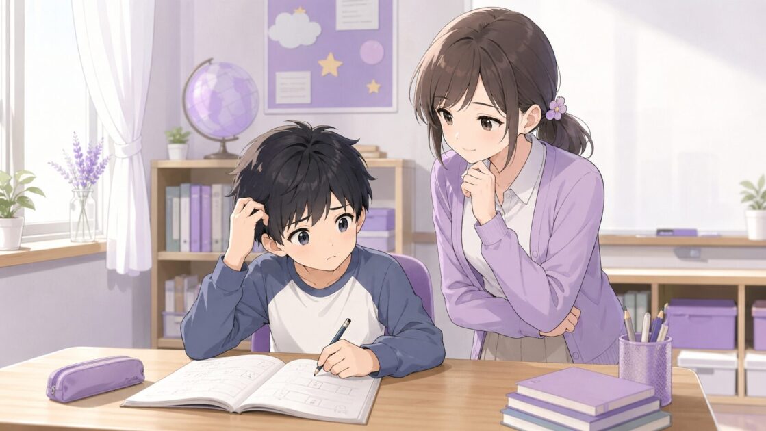 算数の文章題を前に困っている健太と、やさしく見守るもこあい先生の場面
