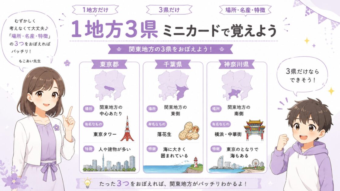1地方から3県だけ選び場所・名産・特徴で整理する都道府県ミニカードの例を示した図