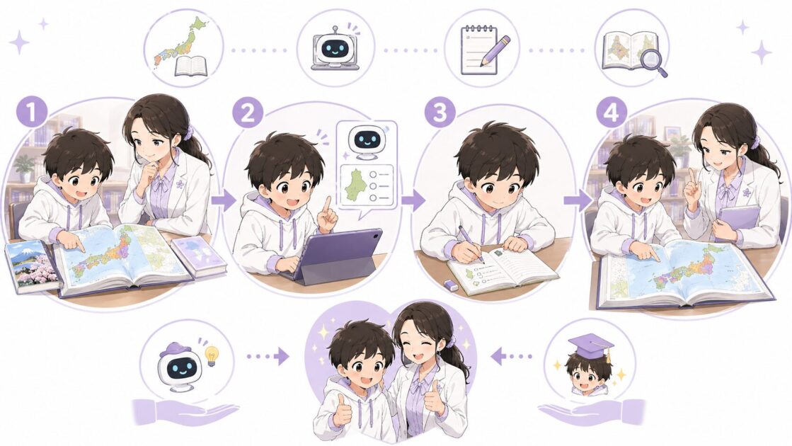 都道府県学習で本や地図帳を確認しAIでクイズを作り最後は自分で確かめる流れ図