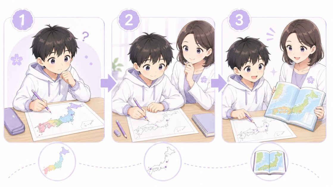 白地図をテストではなく練習用として使う3ステップを示す図
