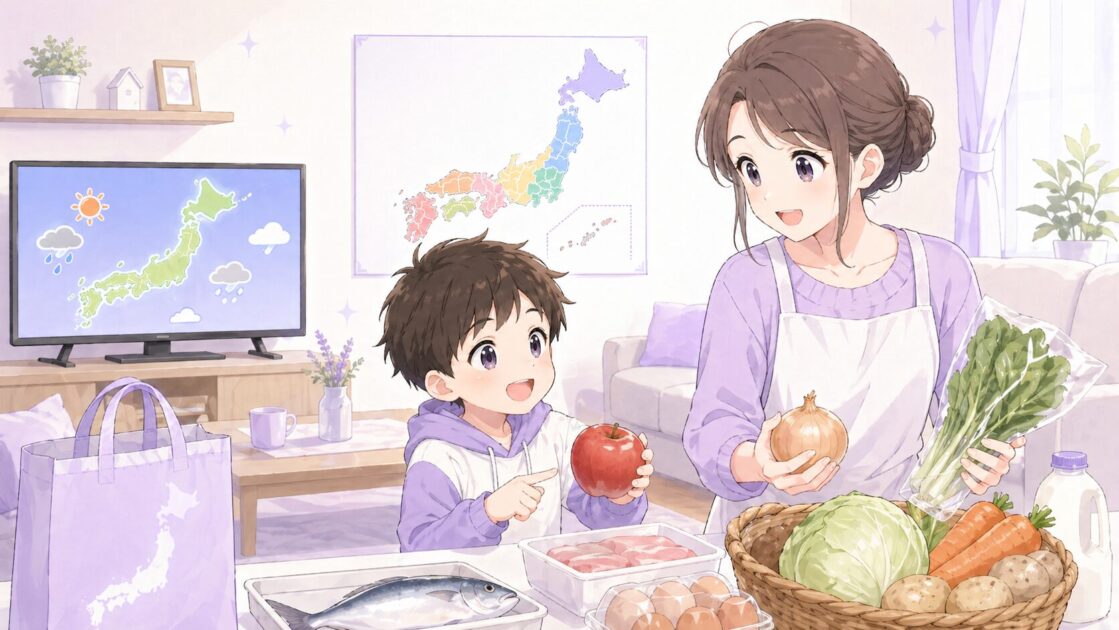 天気予報や地図や産地表示を見ながら都道府県にふれる家庭学習の場面