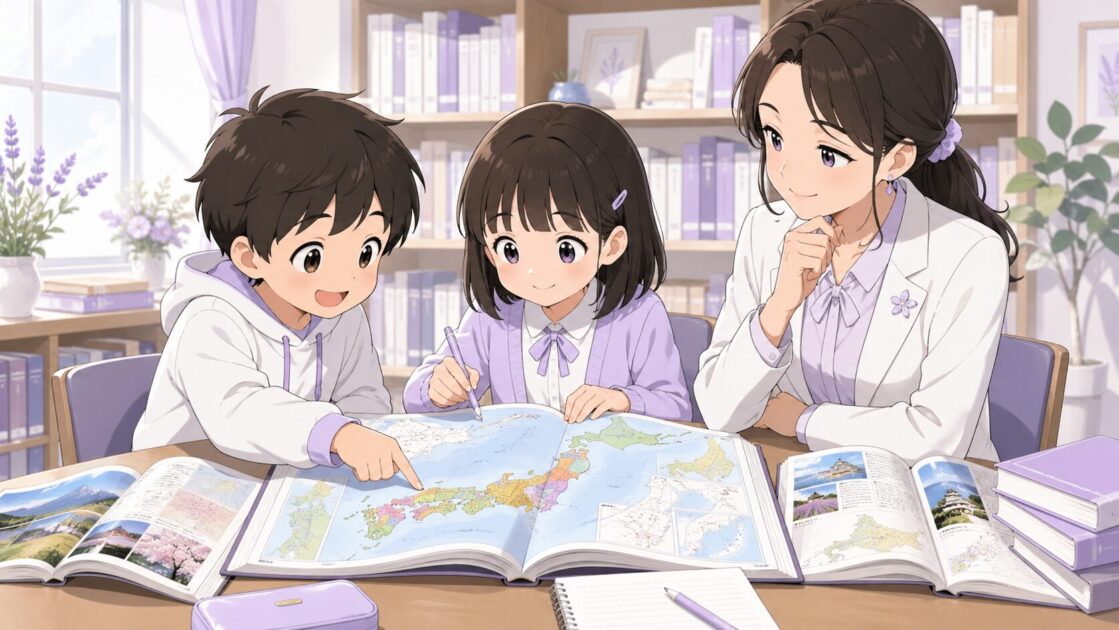 地図帳や図書館の本を使って都道府県を調べている小学生の場面