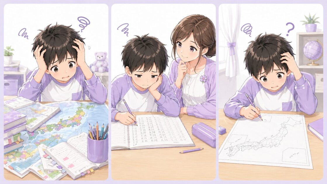 都道府県学習で一気に覚える、名前だけを書く、白地図で困る失敗例を示す図