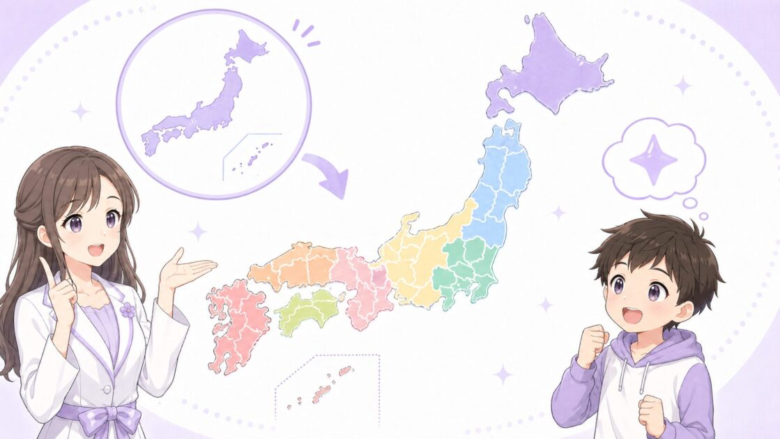 都道府県を地方ごとに色分けして分けて覚える流れを示す日本地図の図