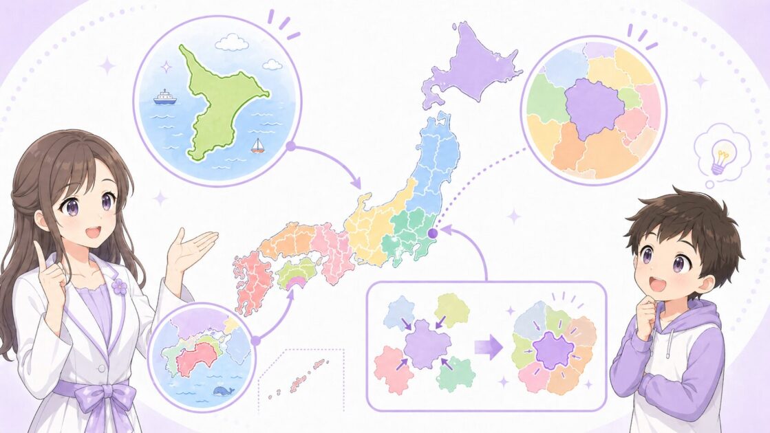 都道府県の形や周辺県との位置関係で覚える方法を示す図
