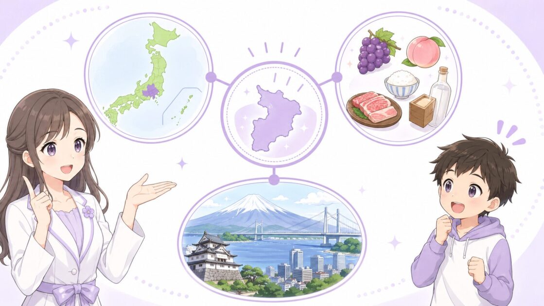 都道府県を場所と名産と特徴の3つで覚える流れを示す図