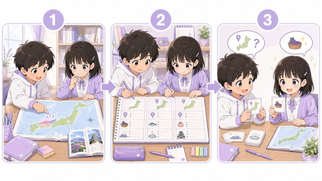 都道府県学習を1地方3県クイズの3ステップで始める流れを示す図