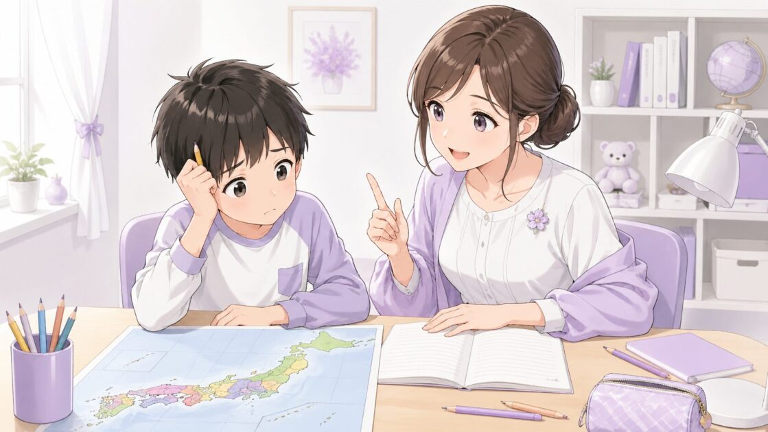 都道府県が覚えられず困っている健太とやさしく声をかけるもこあい先生の場面