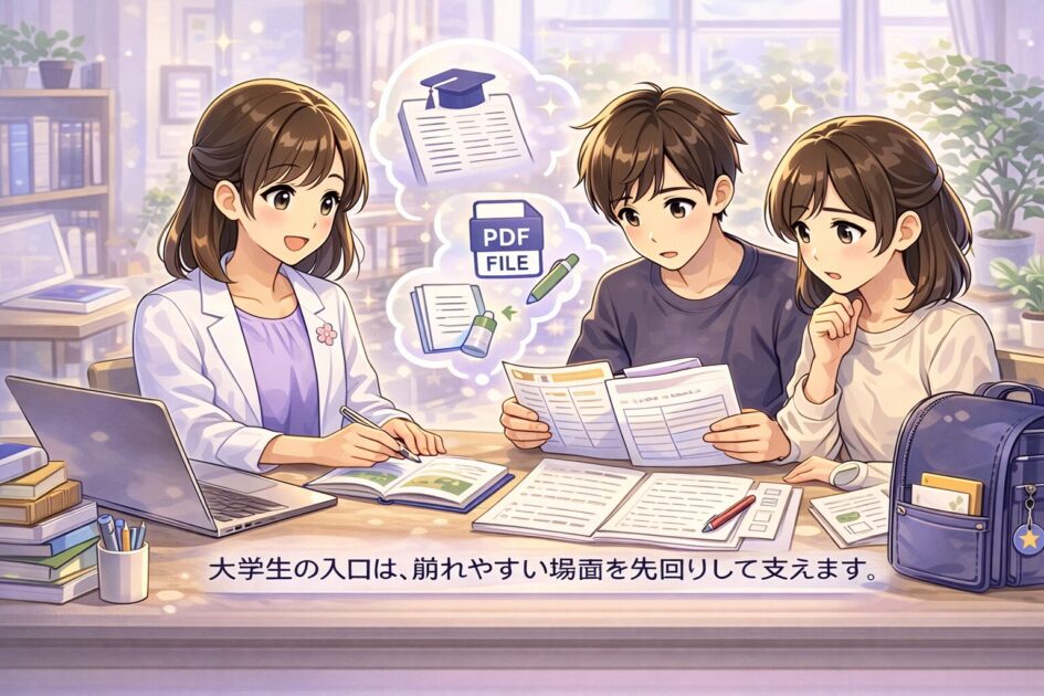 大学生向けに履修登録とレポートと課題提出の入口が整理された挿絵