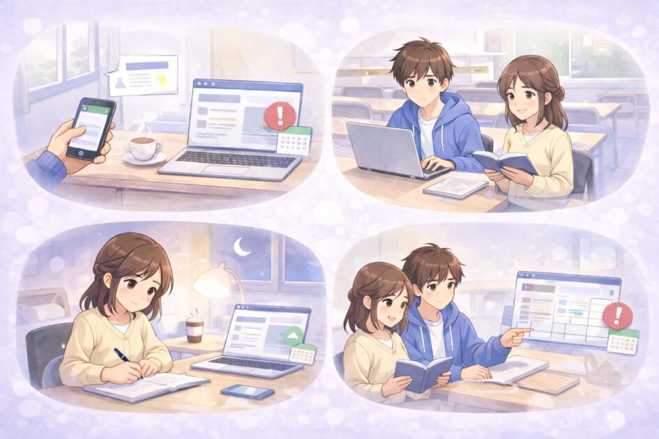 大学生活の中で朝と授業前後と夜と週1回の見直しに分けて連絡確認を組み込む流れを4場面で示した挿絵