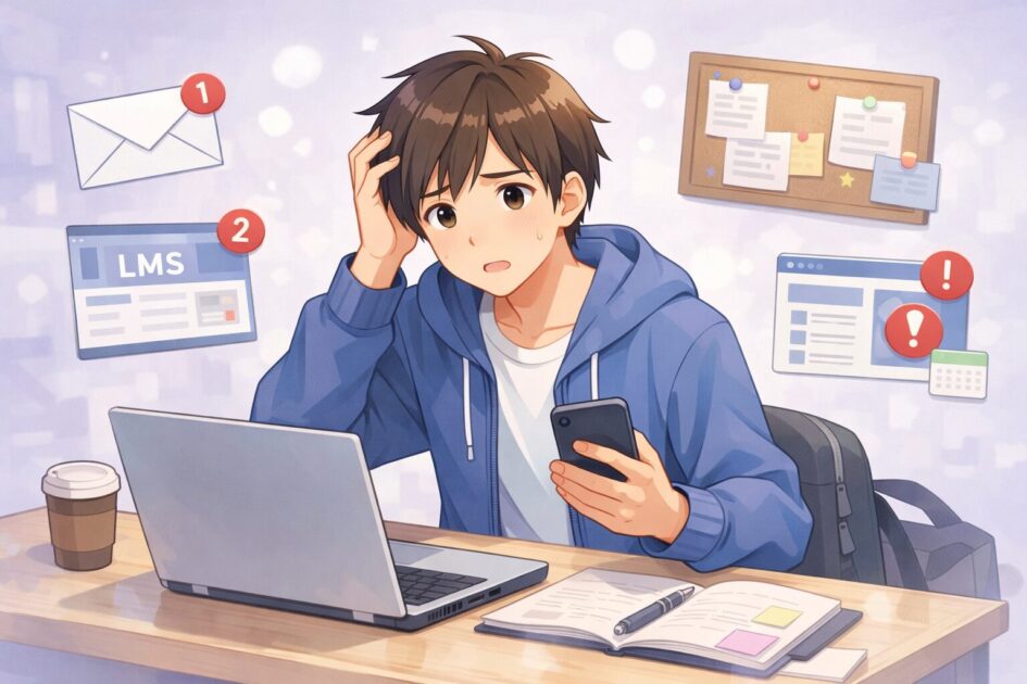 大学メールやLMSや掲示の通知が重なり、健太がどこを見ればよいか少し混乱している場面の挿絵