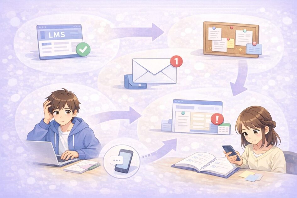 大学の連絡を見落とした後にLMSとメールと掲示とシラバスの順で確認して立て直す流れを示した図解風の挿絵